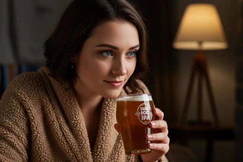 Mulher apreciando sua IPA artesanal.