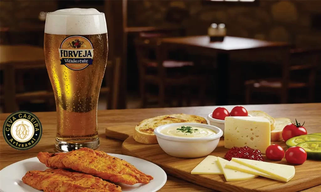Tulipa cheia com cerveja de trigo, e várias opções de acompanhamentos leves.