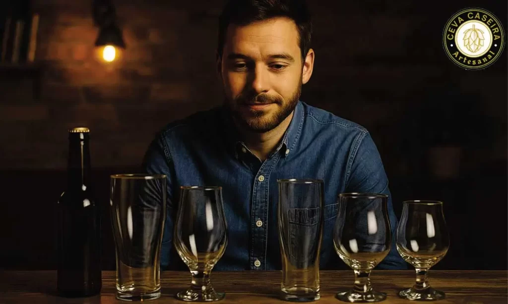 Homem com uma garrafa de cerveja de trigo, e diante de vários copos diferentes, para escolher qual combina.
