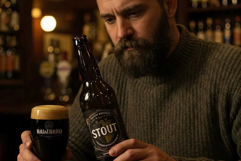 Homem segurando uma garrafa de uma stout artesanal, e lendo seu rótulo.