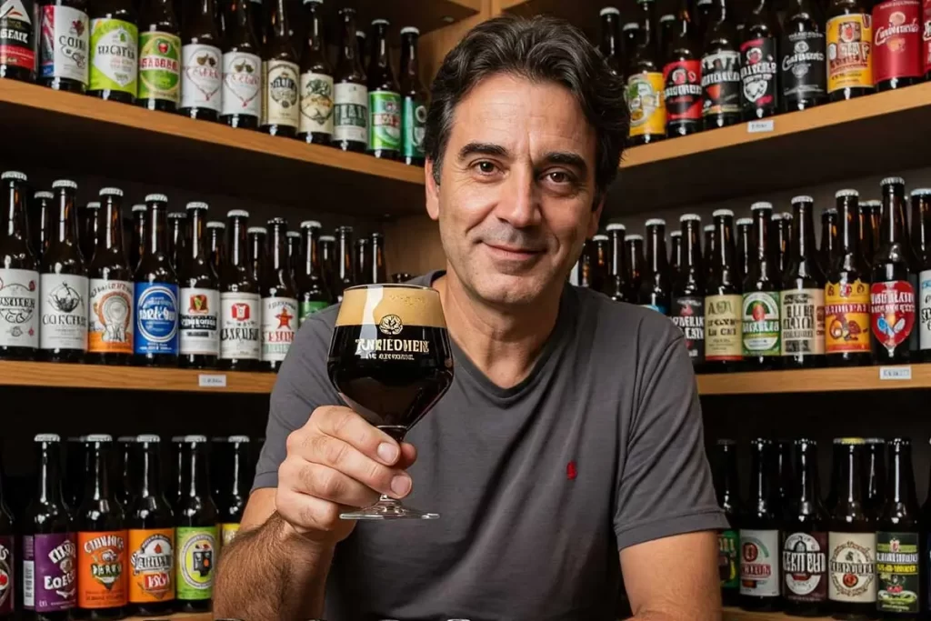 Homem, dentre tantas opções, escolheu uma stout artesanal.