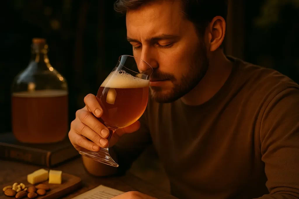Ritual do olfato - Homem apreciando os aromas da sua IPA artesanal.