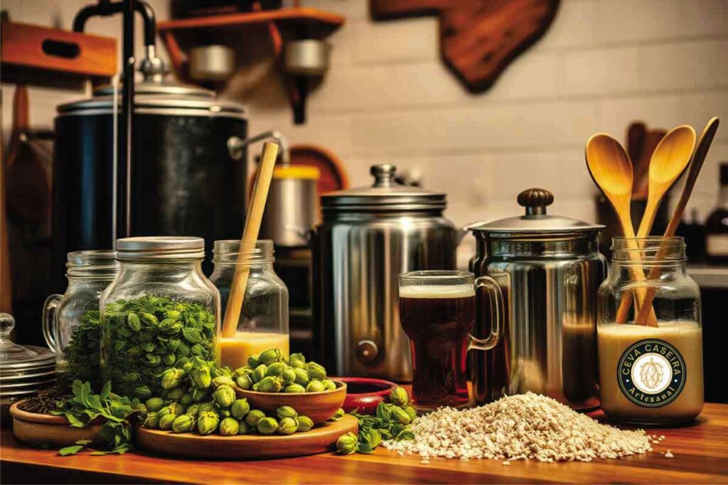 Vários ingredientes pra cerveja artesanal: Lúpulo, malte, cevadas, e vários utensílios. Kit de cerveja artesanal.