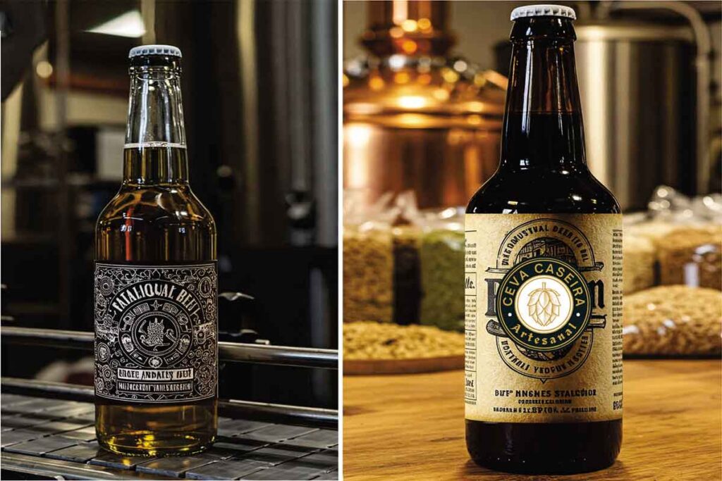 2 imagens: 1 cerveja industrializada, 1 cerveja artesanal. Cerveja artesanal para iniciantes.
