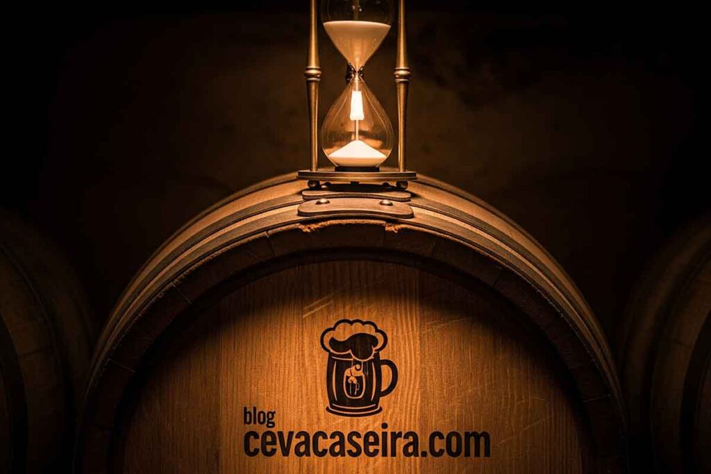 Dúvidas comuns sobre cerveja Artesanal para iniciantes. Barril de cerveja com uma ampulheta sobre ele- O foco: Paciência.
