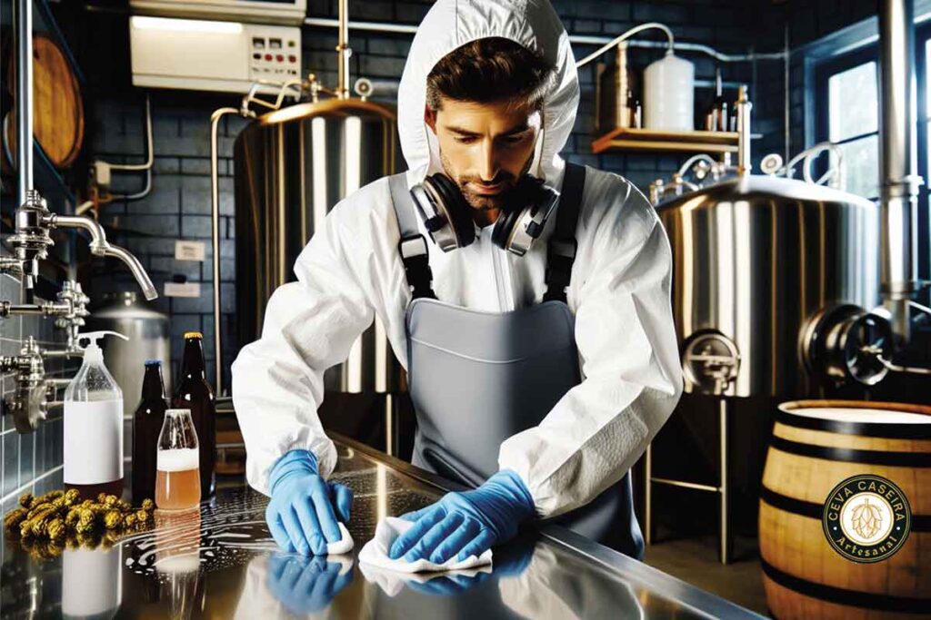 Glossário cervejeiro-Homem usando EPI, sanitizando o ambiente de fabricação da cerveja artesanal.