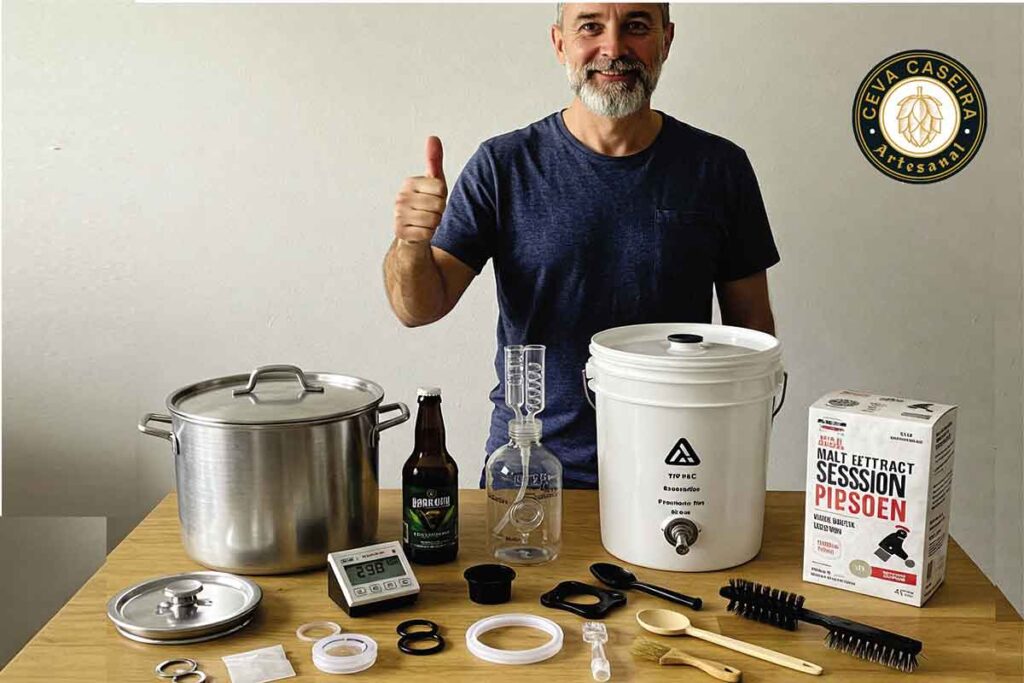 Homem com um kit cervejeiro básico, sinalizando que dá pra fazer cerveja com o básico.