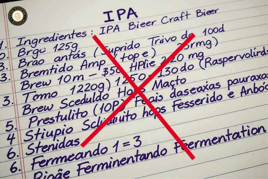 Imagem de uma receita de cerveja, com 2 riscos na cor vermelha e em forma da letra x, indicando que o cervejeiro não a está seguindo à risca.
