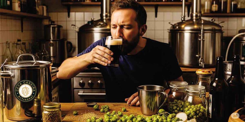 Imagem de um cervejeiro que está provando, e aparentemente gostando de uma cerveja que ele fez e acrescentou ingredientes que não estavam na receita, mas que deu um bom resultado