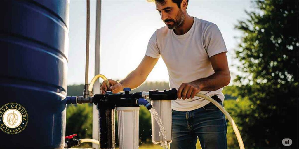 Um Homem ao lado de uma caixa d`´agua azul. Ele está conectando filtros de carvão e de sedimentos pra purificar a água.