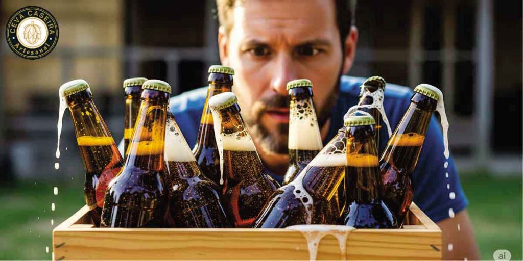 Um Homem com uma expressão facial de incredulidade, porque as garrafas de cervejas estão com vazamentos pelas tampas.